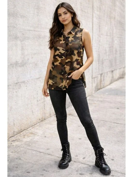 Forever 21 Medium Brown Black Camo Sleeveless Chiffon Blouse Grunge Utility Core - Picture 12 of 12